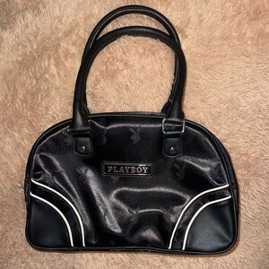 PLAYBOY Black Satin Logo Shoulder Bag with White Piping